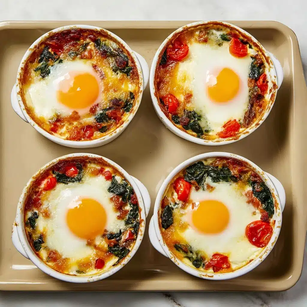 Baked Feta EggsBaked feta eggs with spinach and tomatoes - Recipe Image