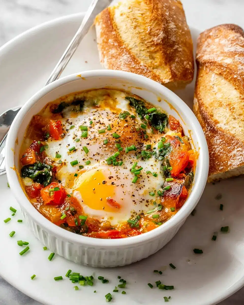 Baked Feta EggsBaked feta eggs with spinach and tomatoes