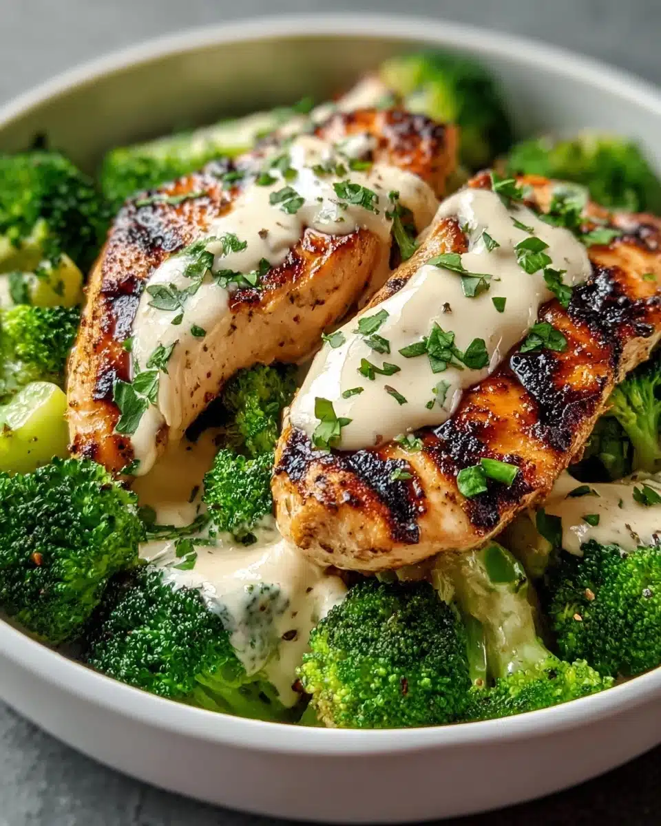 Grilled Chicken & Broccoli Bowls with Creamy Garlic Sauce Recipe