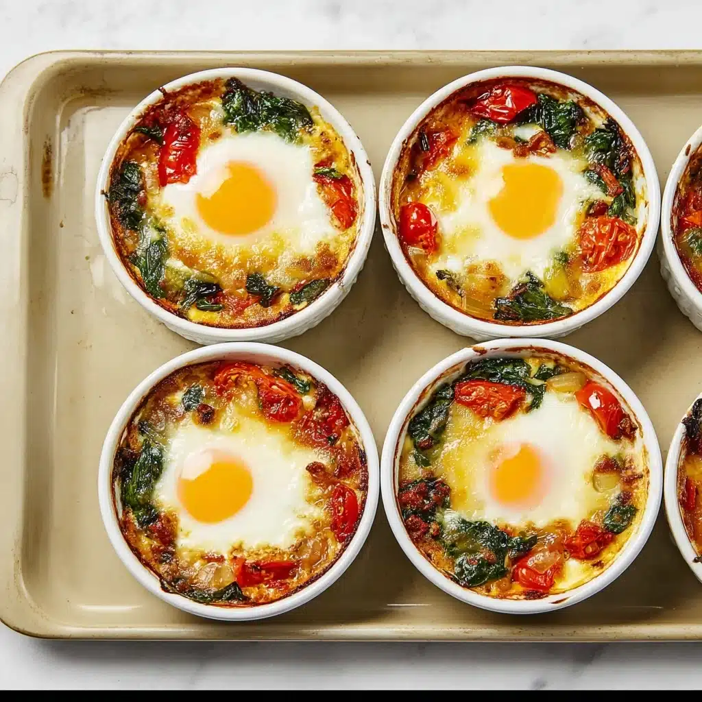Baked Feta EggsBaked feta eggs with spinach and tomatoes - Recipe Image