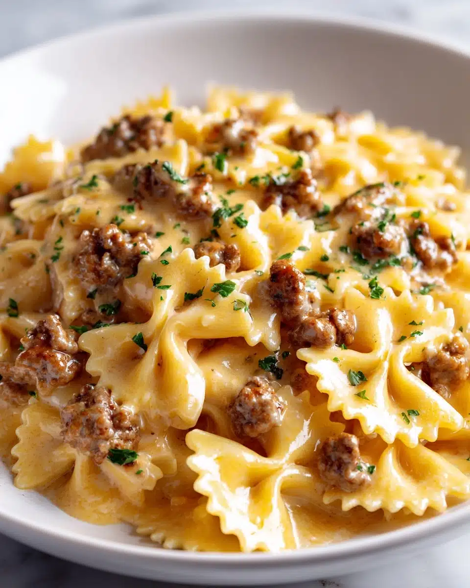 Cheesy Beef and Bowtie Pasta in Garlic Butter Recipe