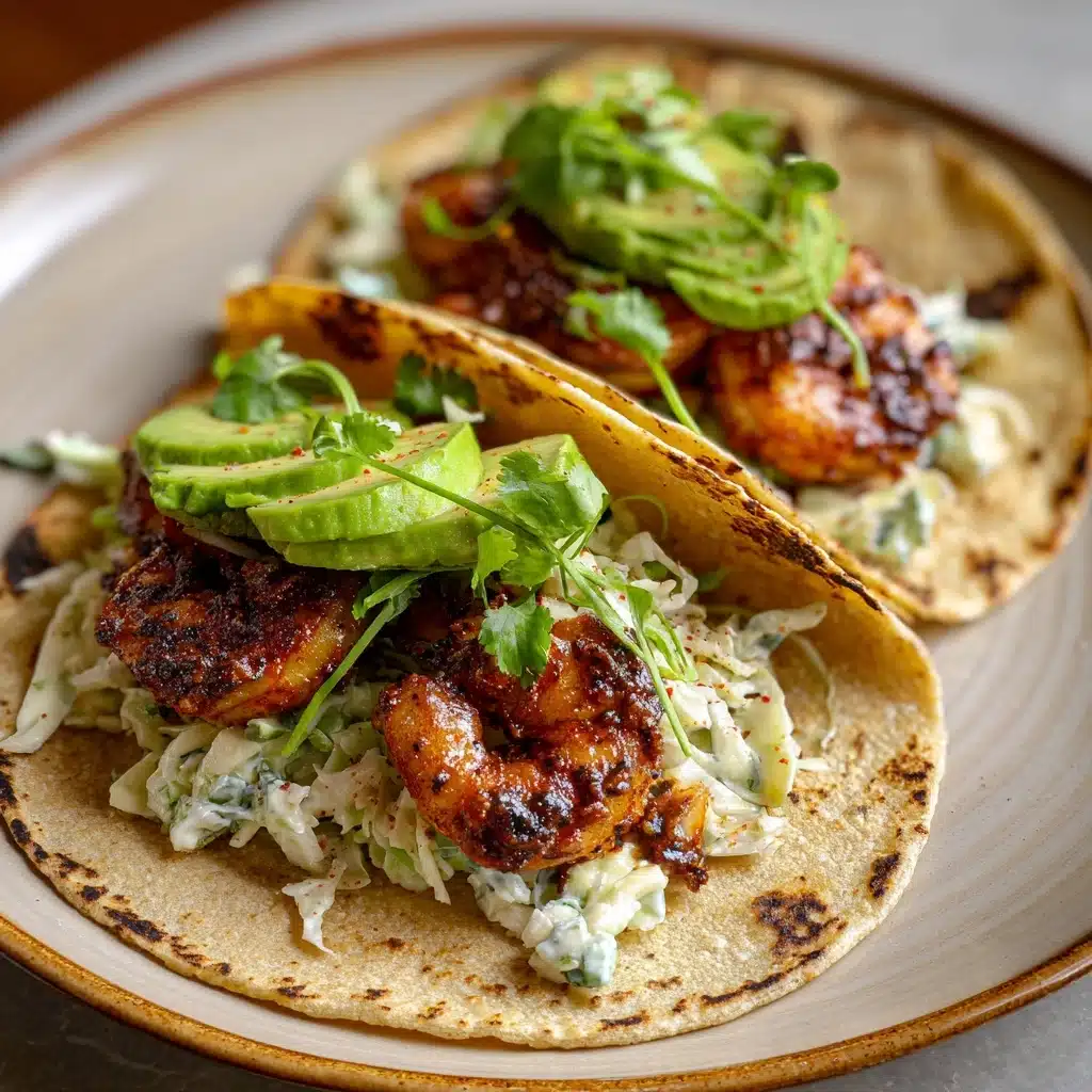 Honey Lime Cilantro Shrimp Tacos with Creamy Slaw and Avocado - Recipe Image