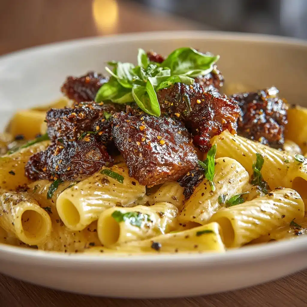 Cajun Steak Tips in Cheesy Rigatoni Parmesan Sauce Recipe - Recipe Image