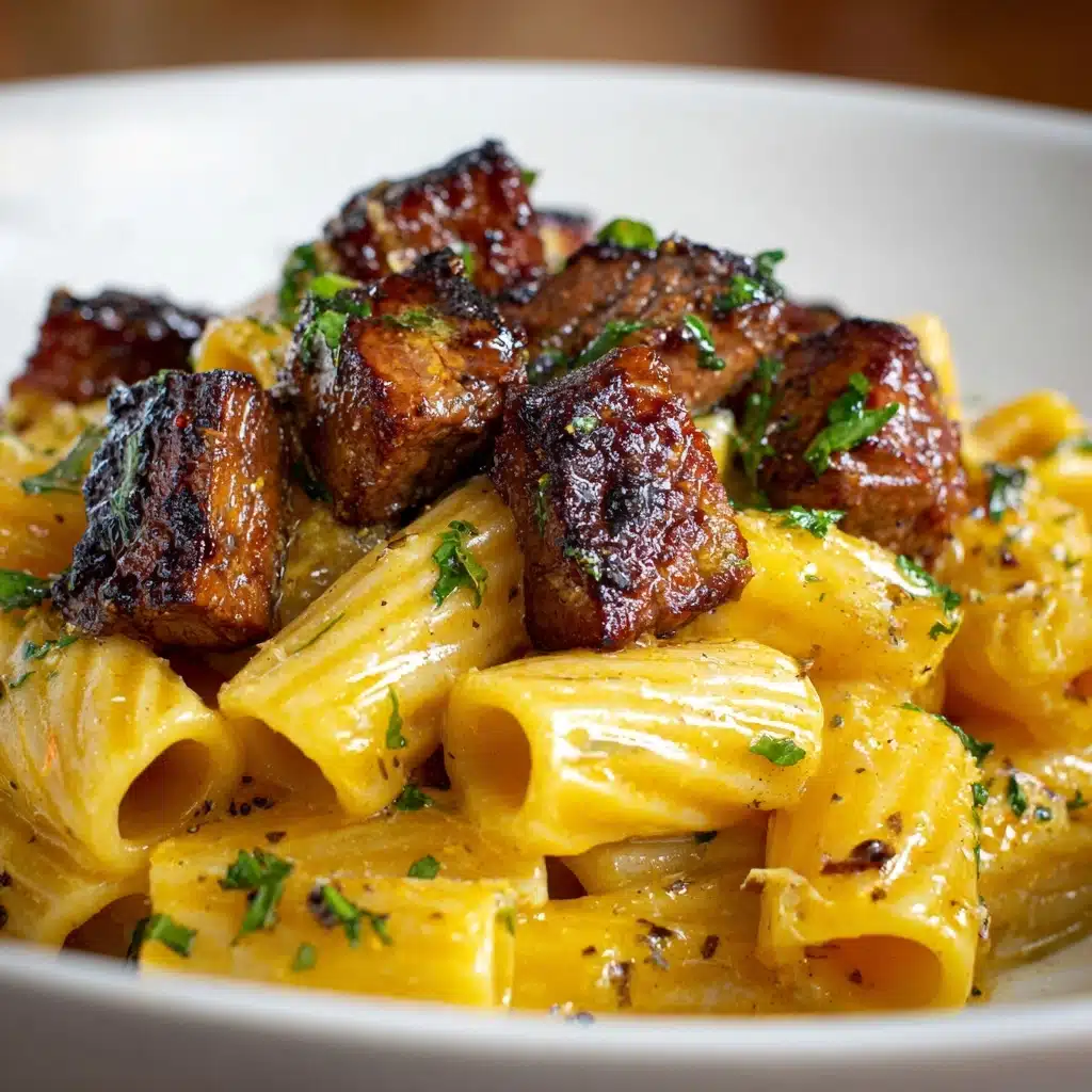 Cajun Steak Tips in Cheesy Rigatoni Parmesan Sauce Recipe - Recipe Image