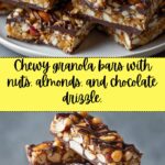 Chewy granola bars with nuts, almonds, and chocolate drizzle,