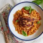 One Pan Crispy Chicken with Roasted Red Pepper Orzo Recipe