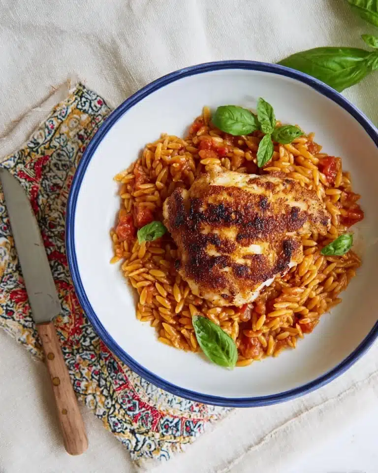 One Pan Crispy Chicken with Roasted Red Pepper Orzo Recipe