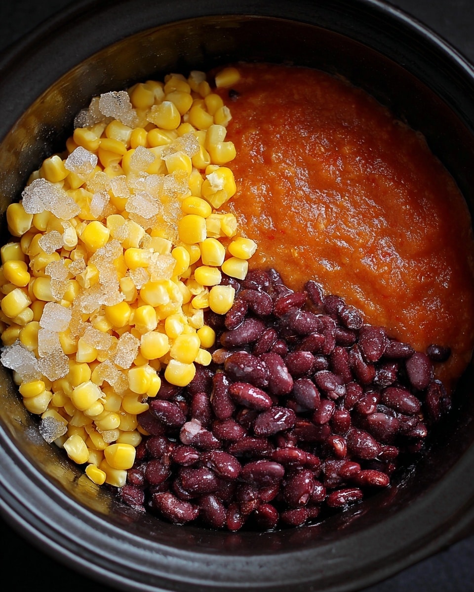 The image shows a black pot containing three distinct layers of ingredients placed side by side. On the left side is a layer of frozen yellow corn kernels with small ice crystals visible on top, giving a slightly frosty texture. To the right is a thick, smooth, orange-red sauce with a glossy surface. Next to the sauce, on the far right, is a layer of dark red kidney beans with a shiny, wet look. The textures and colors are clear and the pot's dark inside contrasts with the vibrant ingredients. photo taken with an iphone --ar 4:5 --v 7