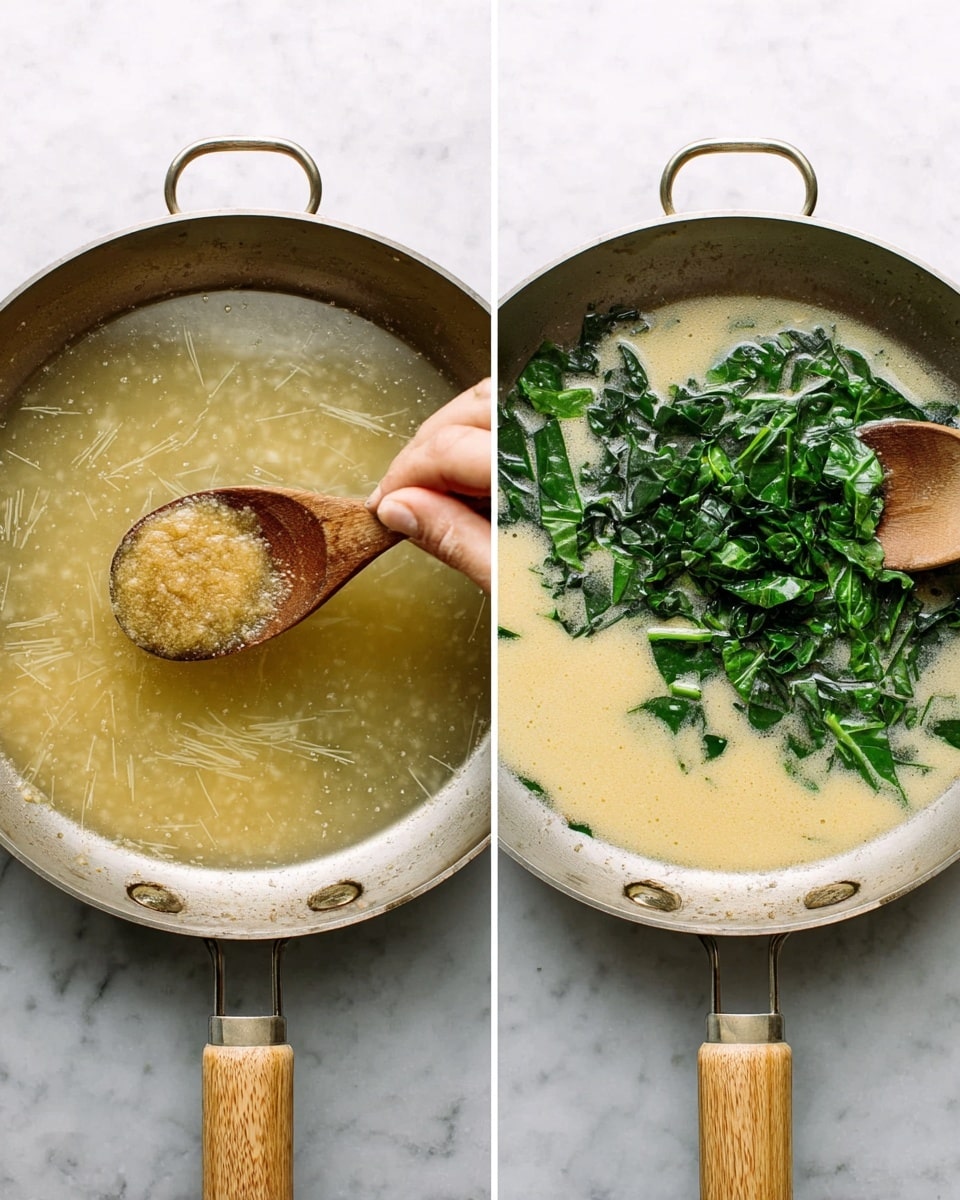 Two images side by side show a silver pan with a light wooden handle on a white marbled background. The first image shows a woman's hand holding a wooden spoon with a light brown, slightly crumbly paste over the pan, which contains a pale yellow broth with visible thin white strands. Another wooden spoon stirs the broth in the pan. The second image shows the same pan now filled with the pale yellow broth, and fresh dark green chopped leafy vegetables scattered across the surface. Photo taken with an iphone --ar 4:5 --v 7