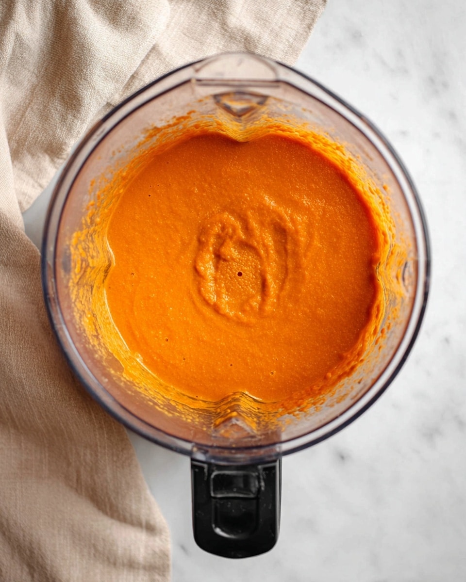 A clear blender container is filled with a smooth, thick orange mixture that has a slightly chunky texture, covering about three-fourths of the container's height. The blender base is black, positioned at the bottom left of the image. The entire setup is placed on a white marbled surface, and a soft beige cloth is partially visible in the top left corner. The photo taken with an iphone --ar 4:5 --v 7