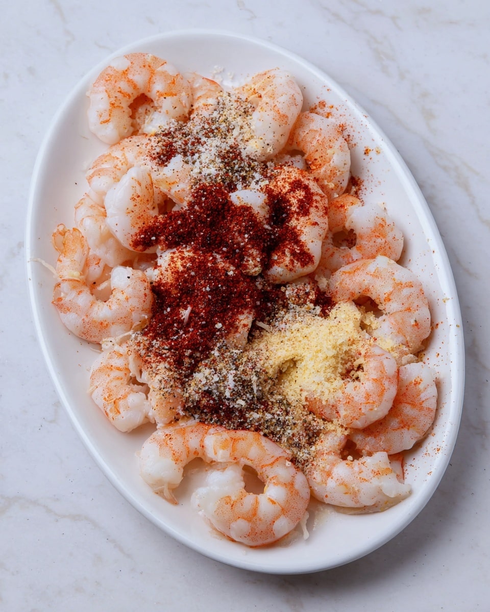 A white oval plate holds one layer of light pink shrimp arranged all around the edge. In the center, there is a pile of shrimp covered with several spices in different colors: dark black pepper, reddish paprika, light yellow powder, and white coarse salt scattered unevenly over the shrimp. The plate sits on a white marbled surface. photo taken with an iphone --ar 4:5 --v 7