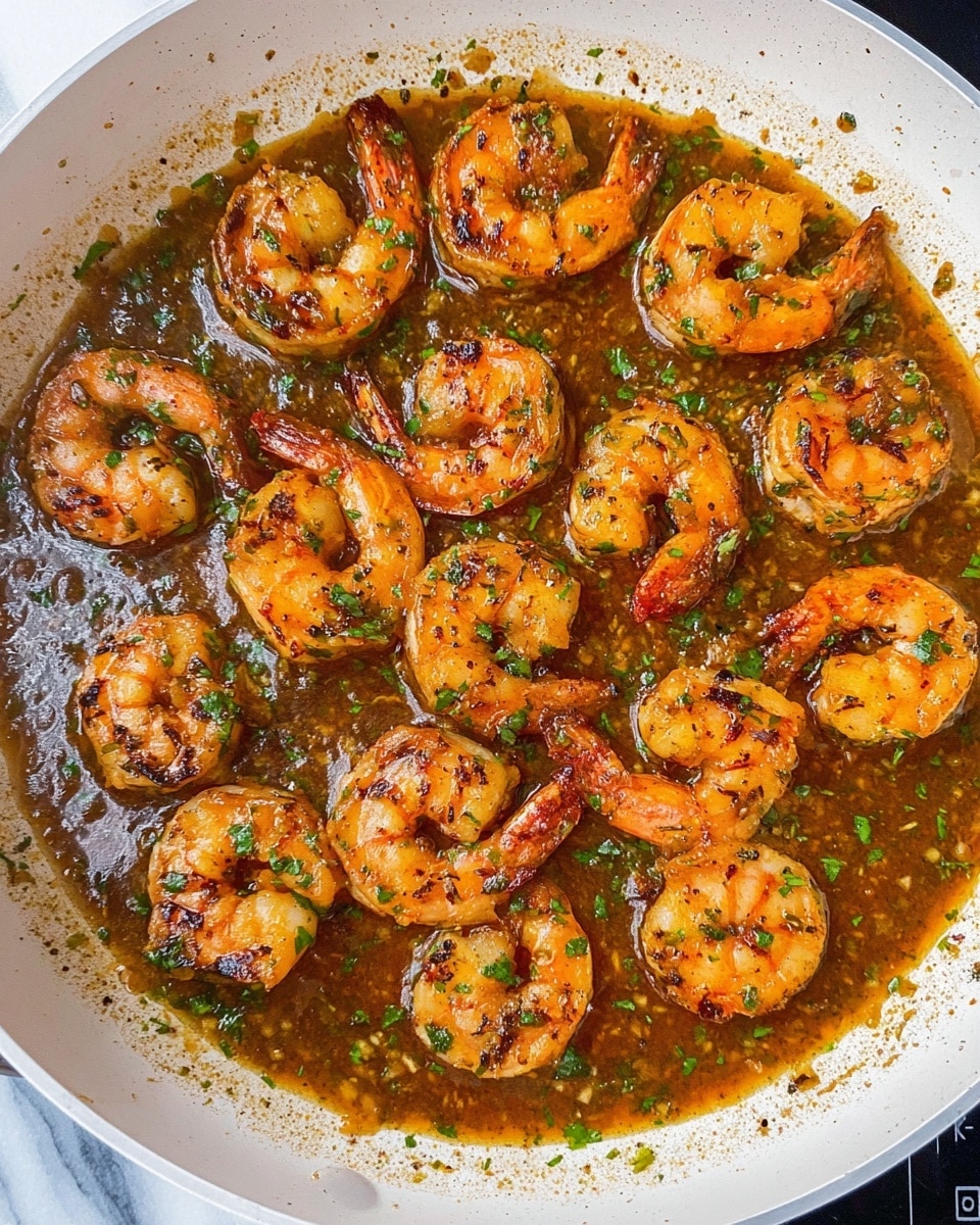 The image shows a white pan filled with cooked shrimp in a brown, slightly oily sauce, with green herbs sprinkled on top of the shrimp and sauce. The shrimp are orange with grill marks and arranged evenly, covering the pan's surface. The sauce is thick and shiny, creating a glossy texture around the shrimp. The background is a white marbled surface. Photo taken with an iphone --ar 4:5 --v 7