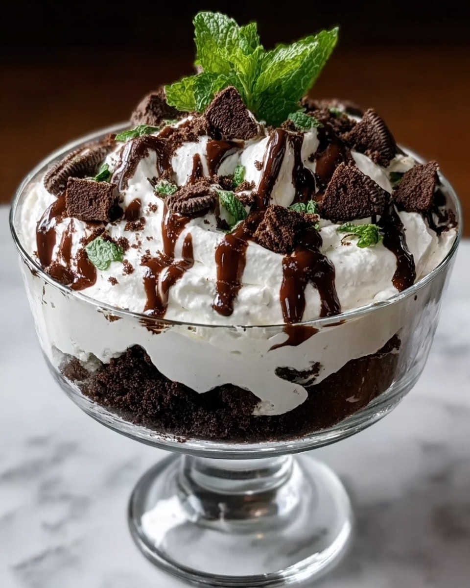 Mint Brownie and Oreo Hot Fudge Trifle with Minty Cream Cheese Whipped Cream Recipe