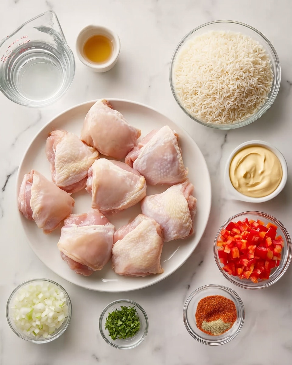 The image shows a white plate with six pieces of raw chicken thighs, pale pink with smooth skin, arranged in a circle. Around the plate are small clear glass bowls filled with different ingredients: white uncooked rice in a larger bowl at the top right, creamy yellow mayonnaise, light brown creamy sauce with bits, bright red diced bell peppers, small chopped white onions, light brown dry seasoning, finely chopped green herbs, a small pile of orange red spice powder, and a clear glass measuring cup with water. All the items sit on a white marbled surface. Photo taken with an iphone --ar 4:5 --v 7