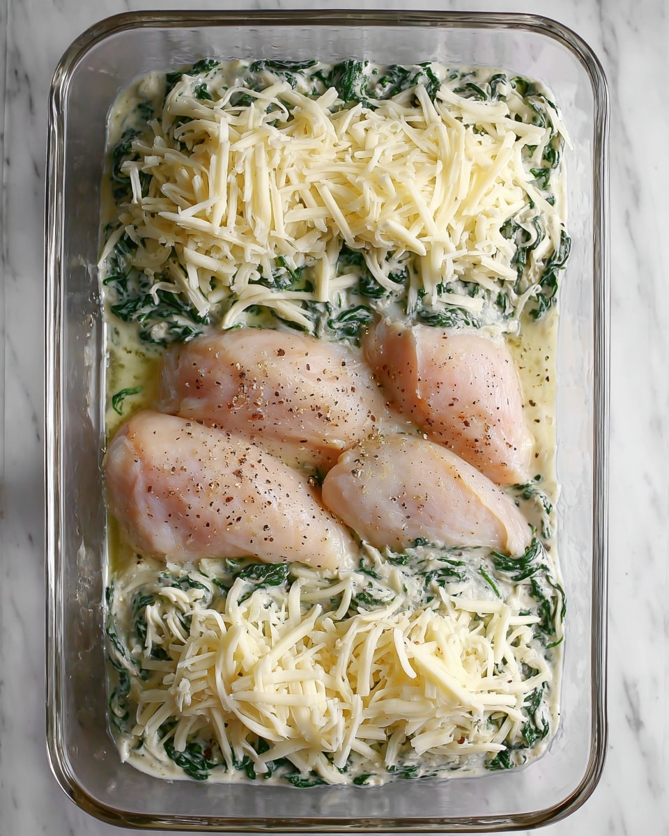 The image shows three layers of a dish in a clear glass rectangular baking dish placed on a white marbled surface. The bottom layer consists of four large raw chicken pieces with a pale pink color, evenly sprinkled with black pepper and a shiny olive oil coating. The middle layer is a thick creamy spread mixed with spinach leaves, which are deep green and slightly wilted, covering the chicken pieces completely with a textured, smooth, and chunky look. The top layer is a generous heap of shredded white cheese, fully covering the spinach mixture with a soft and fibrous texture. Photo taken with an iphone --ar 4:5 --v 7