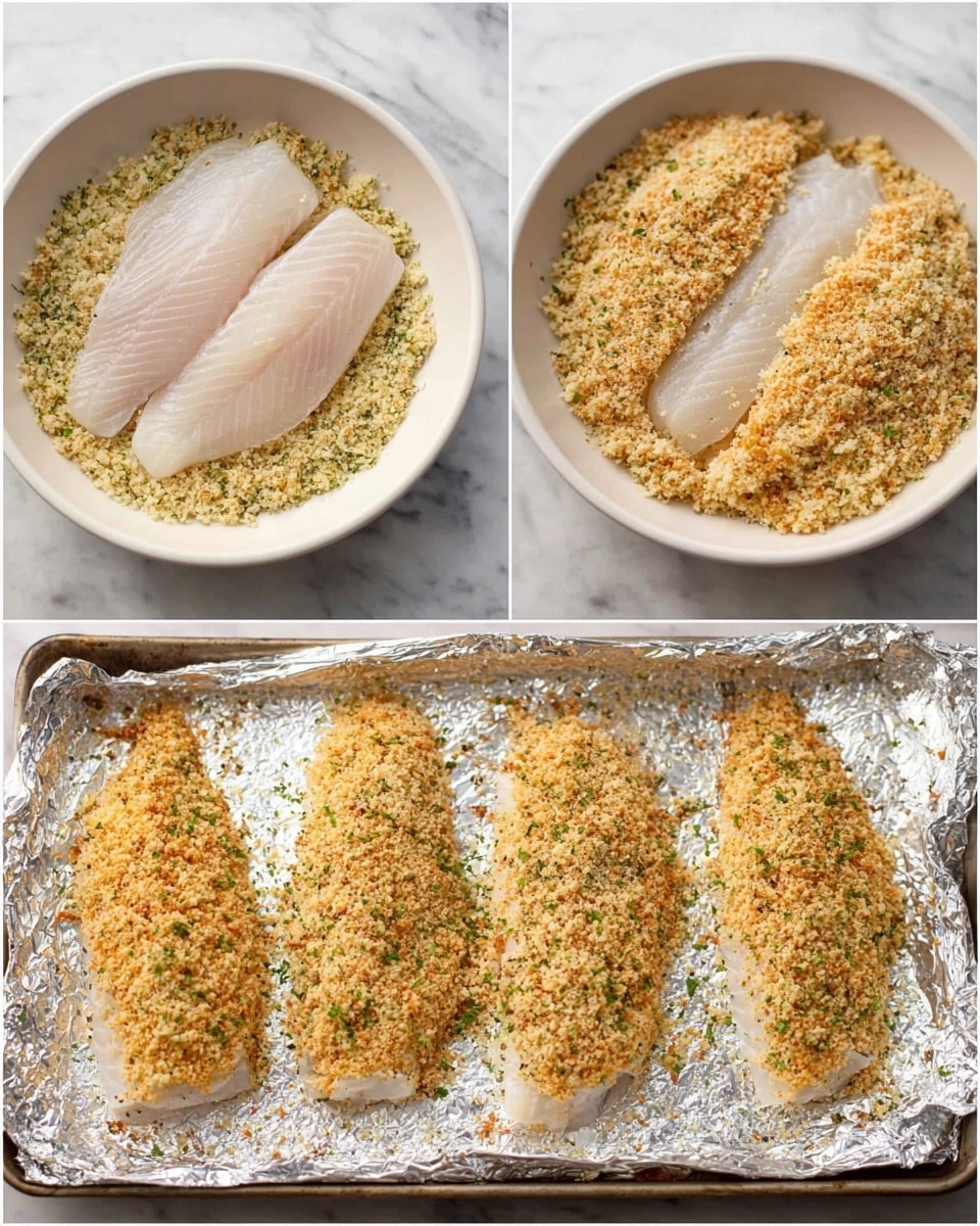 The image shows four steps of preparing breaded fish fillets. In the top left, a white fish fillet with a smooth, pale pinkish white texture lies flat on a white bowl filled with coarse, golden breadcrumb mixture with green flecks, mostly covering the sides. In the top right, the fillet is coated with the same breadcrumb mix evenly, showing a rough, crumbly texture and hints of the fillet underneath. Below, on a foil-lined tray, four fillets are placed side by side, fully covered with the coarse breadcrumb mixture, their golden brown color mixed with green herbs and some black pepper sprinkled on top, showing a crumbly and slightly firm texture. The background is a smooth white marbled surface with a woman's hand placing or adjusting one fillet in the top left image. photo taken with an iphone --ar 4:5 --v 7