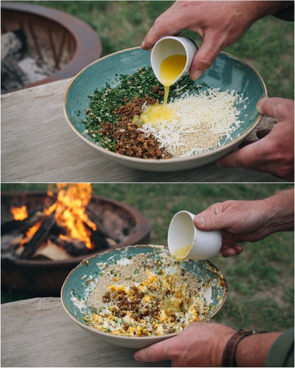 Two photos show a man preparing a mix in a large white bowl with a turquoise inside. In the first photo, multiple layers inside the bowl are visible: finely chopped green herbs on the left, white shredded cheese at the top right, crumbled browned meat at the bottom right, and pale beige breadcrumbs or seeds at the bottom left. A woman's hand pours a yellow liquid, likely beaten eggs, over the layers from a small white cup. In the second photo, the mix is combined into a chunky texture with the same colors swirled together. A man’s hand holds the bowl, and a spoon stirs the mixture. Both photos have a white marbled surface and a burning fire pit in a grassy outdoor background. Photo taken with an iphone --ar 4:5 --v 7