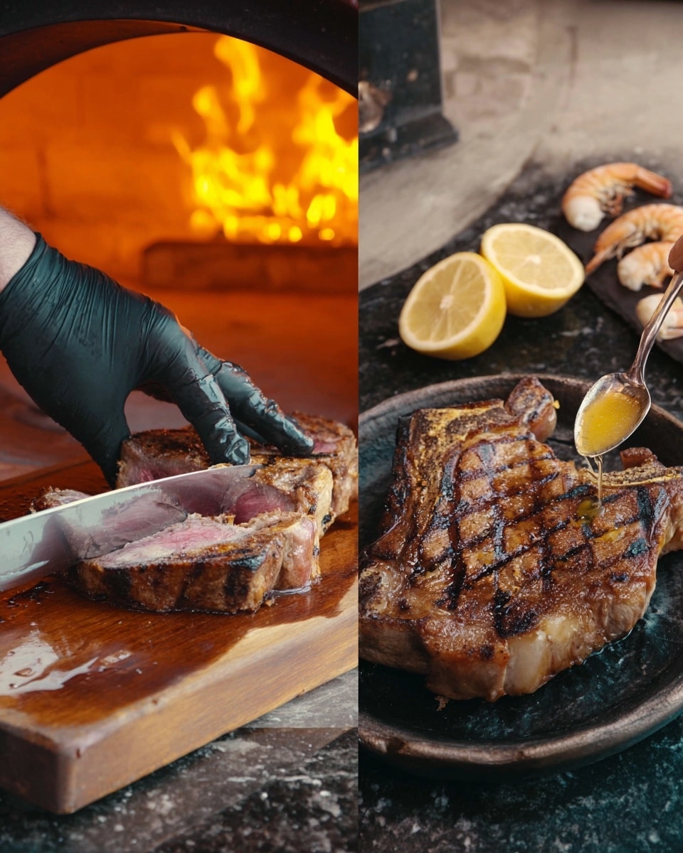 The image shows two scenes with grilled meat near a wood-fired oven glowing with hot orange flames. On the left, a woman's hand wearing a dark glove holds a knife while cutting a thick, juicy steak that is browned on the outside and pink inside, resting on a wooden cutting board with juices pooling around. On the right, a large grilled steak with clear char marks and a golden-brown crust is on a white plate set on a dark stone surface; a spoon held by a woman's hand drizzles melted yellow butter over the meat. In the background, two halves of a lemon and some grilled shrimp with shells are visible. The setting includes a white marbled texture surface. photo taken with an iphone --ar 4:5 --v 7