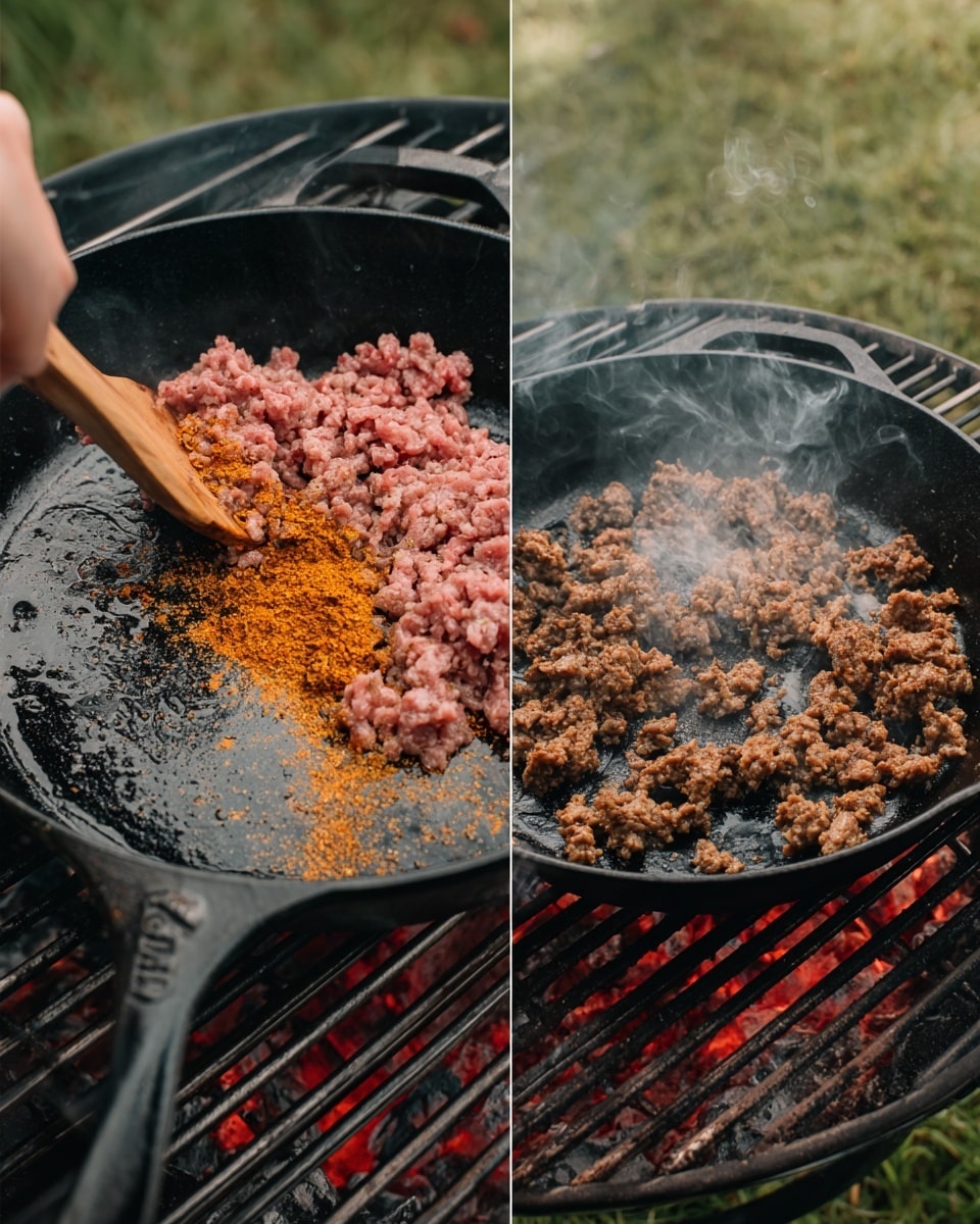The image shows two views of ground meat cooking in a black cast iron pan over an outdoor grill with red hot coals. On the left side, a woman's hand uses a wooden utensil to break up raw pink ground meat covered with orange-brown spices, with some scattered spice powder on the pan surface. On the right side, the cooked ground meat looks crumbly and brown with oil pools around it, and some wisps of steam rise from the pan. The grill is set outdoors over grass, and the pan is the main focus with a clear view of the fine grill bars beneath. The background shows green grass blurred out. Photo taken with an iphone --ar 4:5 --v 7