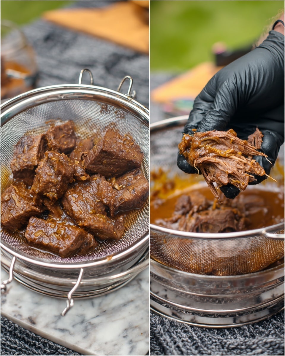 The image shows two views of a dish with rich, brown cooked meat pieces soaked in a thick sauce. On the left, several chunks of dark brown meat with a textured, tender look are placed in a silver mesh strainer resting over a glass bowl, which contains some sauce. The mesh strainer has small holes and metal handles on the sides. The surface below is a white marbled texture with a gray knitted item underneath the glass bowl. On the right, a pair of black-gloved hands is pulling apart a piece of the same brown meat inside the strainer, showing the softer, fibrous inside layers of the meat with darker edges. The background is outdoors with a blurred green area. Photo taken with an iphone --ar 4:5 --v 7