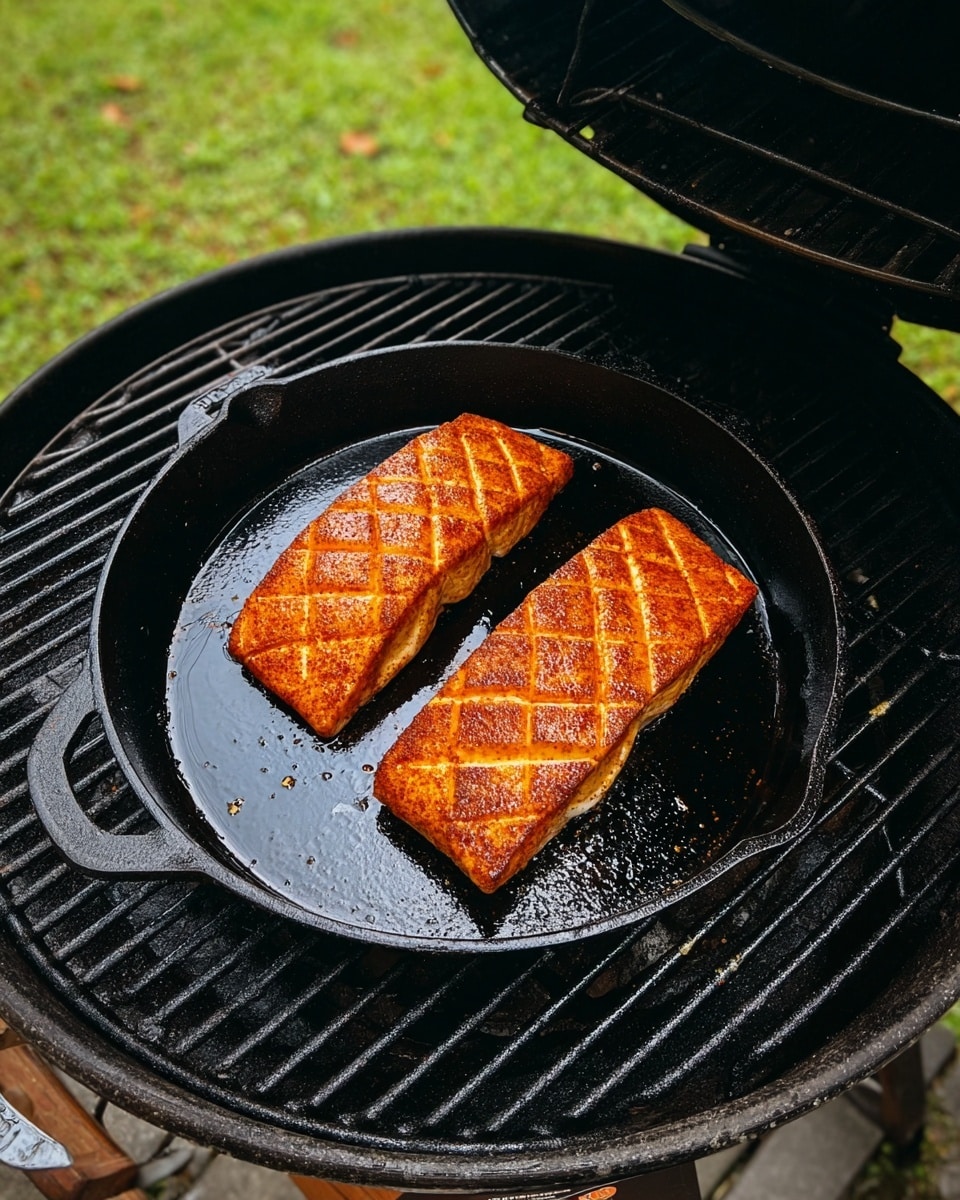 The image shows two rectangular seasoned blocks with a bright orange-red spice crust placed side by side in the center of a black cast iron pan. Each block has a crisscross pattern of shallow cuts across its top, revealing a lighter, creamy color underneath the seasoning. The pan sits on a black grill with the grill lid open, showing slight moisture and glistening oil around the blocks. Outside the grill, a green grassy area can be seen, and the whole scene is set on a white marbled surface. Photo taken with an iphone --ar 4:5 --v 7