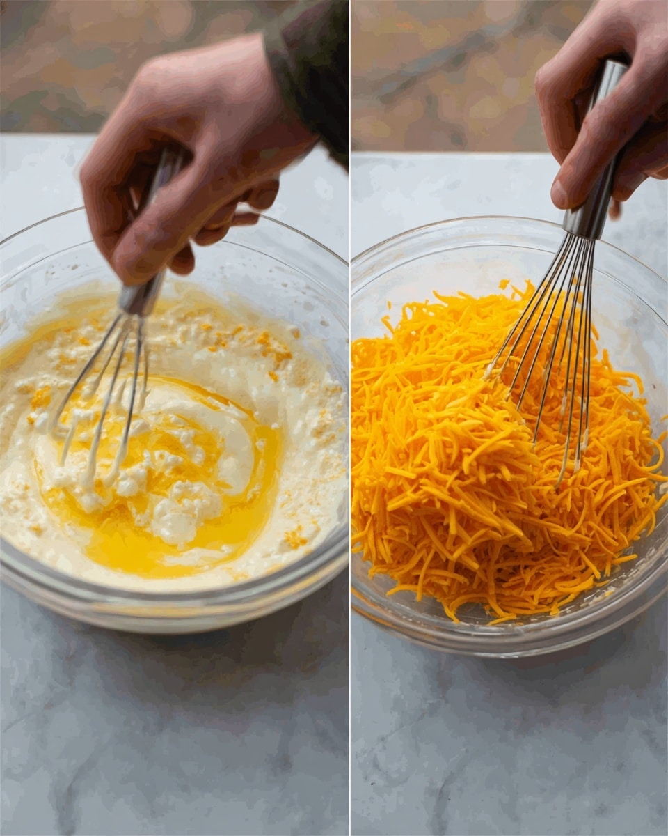 The image shows two clear glass bowls on a white marbled surface. On the left side, there is a woman's hand using a whisk to mix a creamy, pale yellow batter with swirls of yellow liquid melted butter on top. The texture looks smooth with small lumps. On the right side, the same glass bowl contains the batter now covered with a large pile of bright orange shredded cheese being added from above, while a woman's hand uses a whisk inside the bowl to mix. photo taken with an iphone --ar 4:5 --v 7