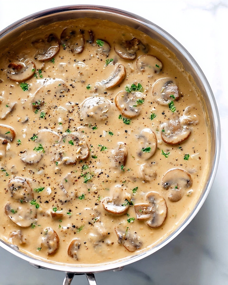 A close-up view of a pan filled with creamy mushroom sauce, showing thin light brown mushroom slices scattered evenly throughout the sauce. The sauce itself is thick and smooth with a beige to light tan color. Small bits of green herbs and black pepper are sprinkled on top, adding contrast to the sauce. The pan is silver and sits on a white marbled surface. Photo taken with an iphone --ar 4:5 --v 7