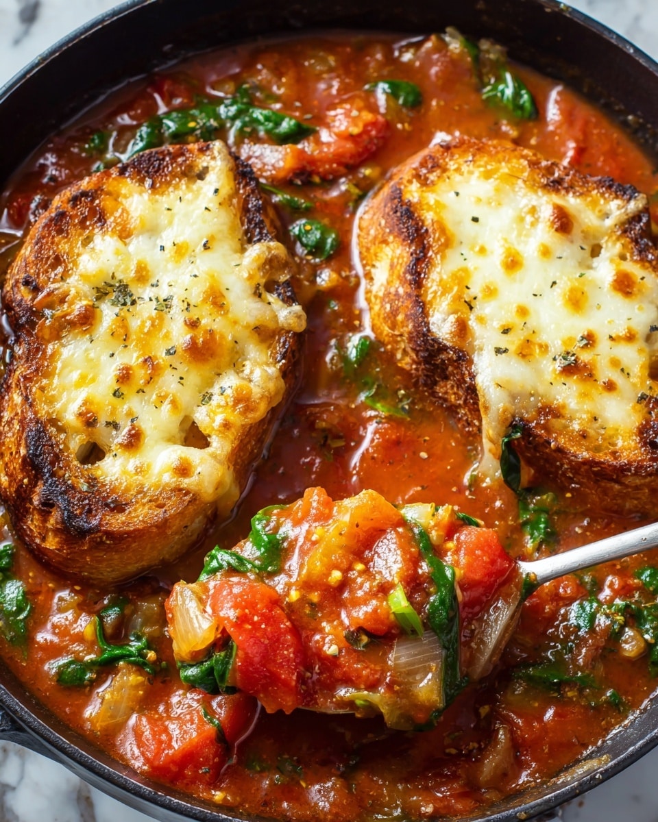 A black skillet filled with chunky red tomato soup mixed with green spinach leaves and pieces of onion, with two slices of toasted bread floating on top, each slice covered with golden brown melted cheese that is slightly burnt in spots, showing a creamy texture beneath the browned surface. The spoon inside the soup holds a scooping of the tomato mixture with visible chunks of tomato, onion, and spinach. The background is a white marbled texture. photo taken with an iphone --ar 4:5 --v 7