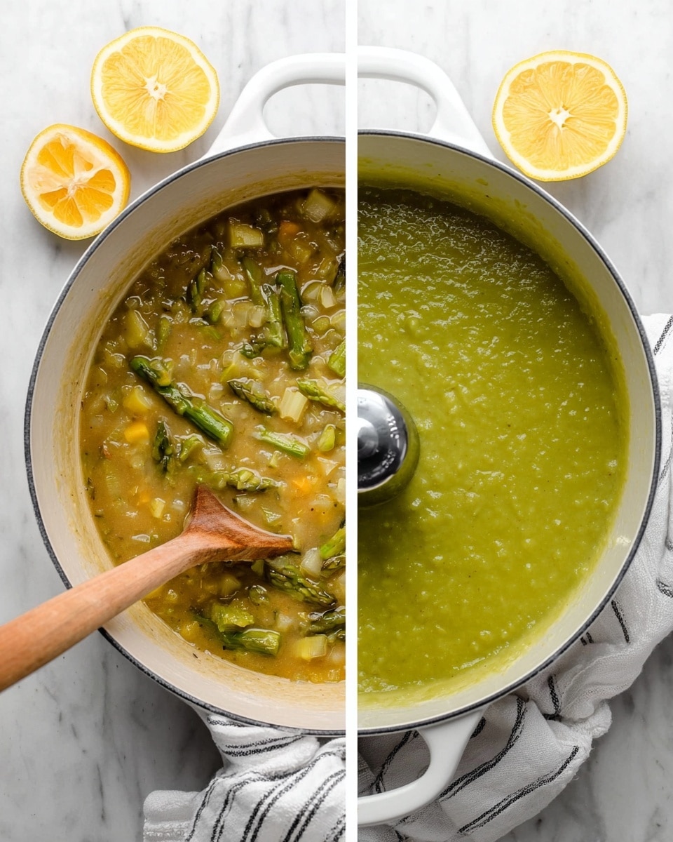 The image shows two side-by-side views of a white pot on a white marbled surface with two lemon halves placed nearby. On the left, the pot contains a chunky soup with visible green pieces of asparagus and small bits of other vegetables in a light broth, with a wooden spoon stirring the contents. On the right, the same pot is filled with a smooth, green puree, being blended by a silver immersion blender. A white cloth with black stripes is partially visible under the pot in both views. Photo taken with an iphone --ar 4:5 --v 7
