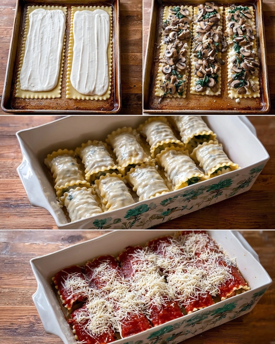 Four images show the step-by-step making of a lasagna roll-up dish. The first image displays three flat lasagna noodles laid side by side on a light brown baking sheet, each spread evenly with a thick, white creamy sauce. The second image shows the same noodles now topped with a mix of sautéed mushrooms and wilted spinach scattered evenly over the sauce. The third image captures six rolled-up lasagna pieces placed side by side in a white rectangular baking dish with green floral details on the side, with the edges slightly overlapping and the creamy filling visible in some rolls. The last image shows the same baking dish filled with red tomato sauce covering the rolls and a layer of shredded white cheese sprinkled on top. The setting is on a wooden surface, all photos with a warm, natural light, photo taken with an iphone --ar 4:5 --v 7