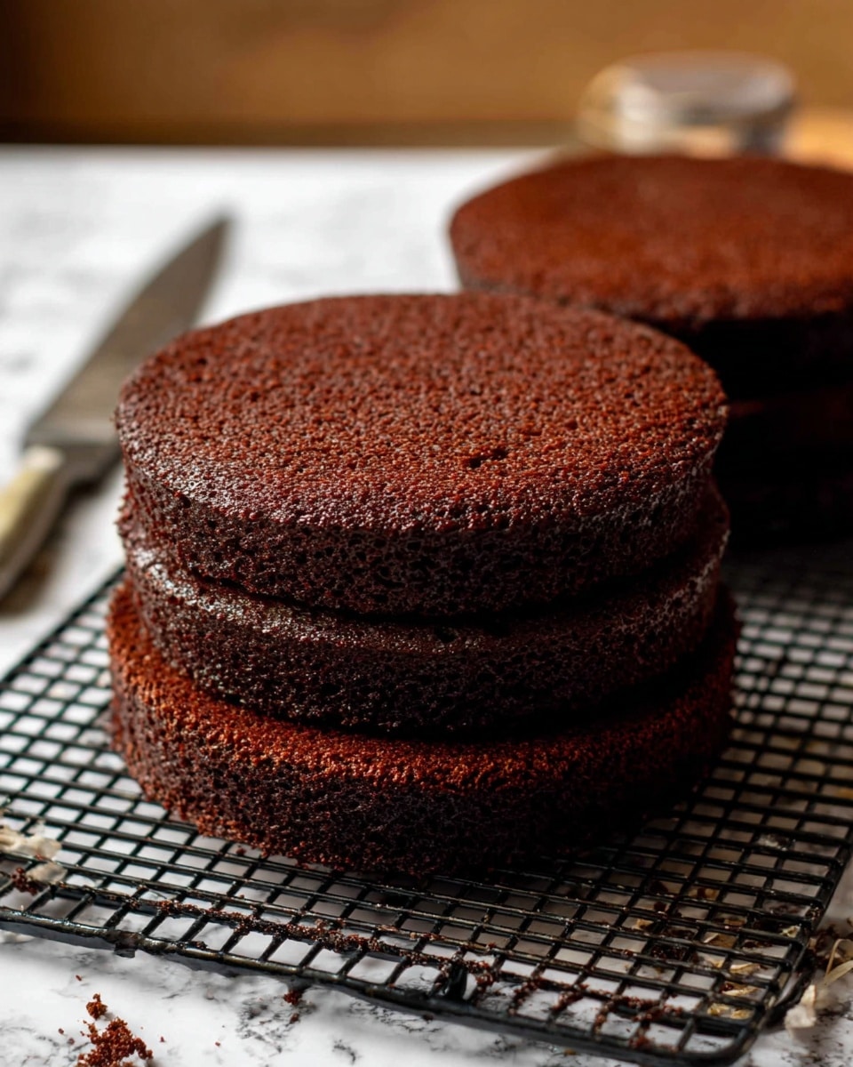 The image shows three round layers of chocolate cake with a dark brown color and a soft, slightly crumbly texture. They are placed on a black wire rack over a white marbled surface. The layers are stacked close but not yet assembled or frosted. In the background, there's a silver knife on the rack. The lighting is natural, making the rich texture of the cake visible. Photo taken with an iphone --ar 4:5 --v 7