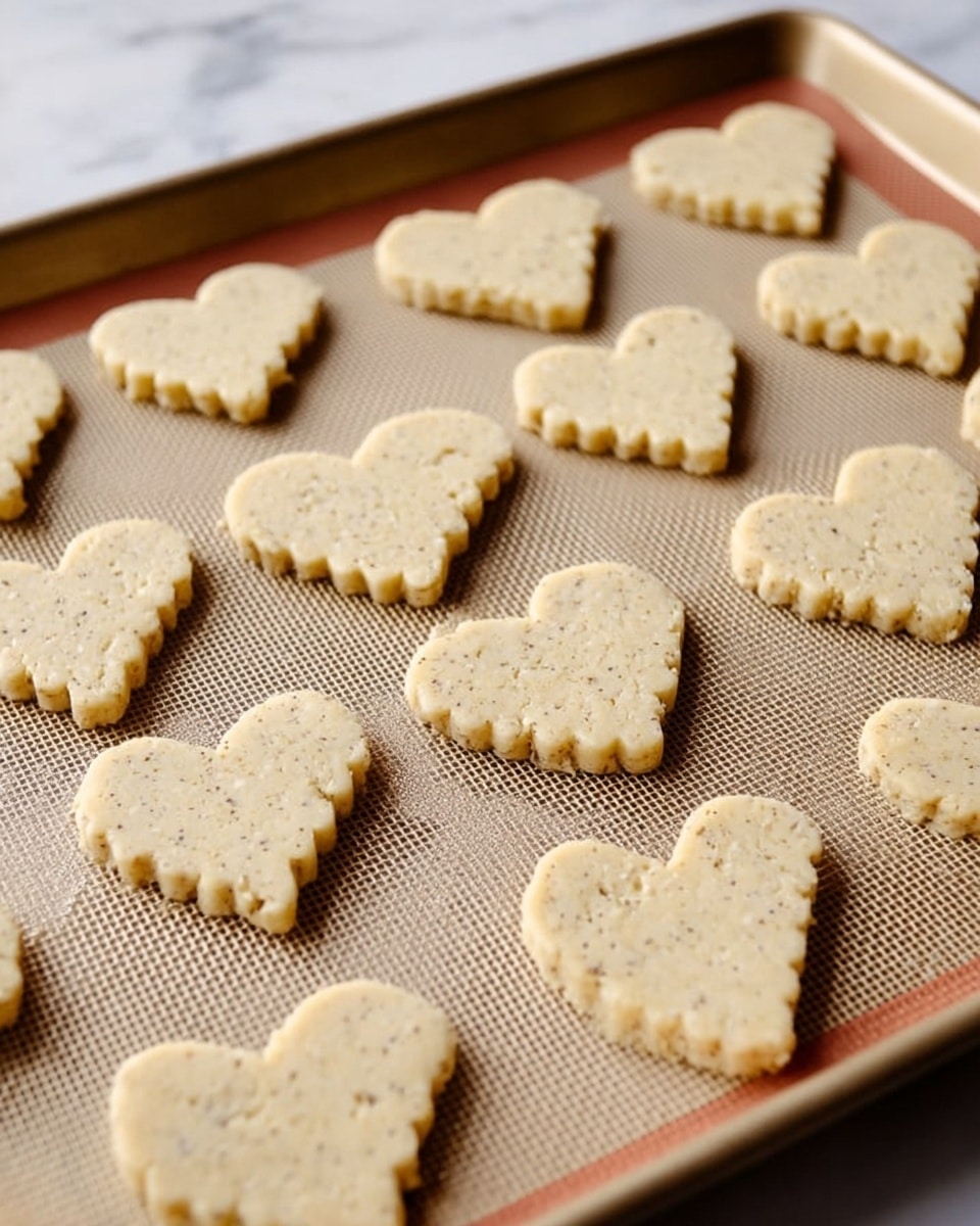 A baking tray covered with a silicone mat holds many raw heart-shaped dough pieces arranged neatly across the mat. The dough is light beige with small darker specks, showing a slightly rough texture. Each heart shape has a scalloped edge, giving it a decorative look. The tray sits on a white marbled surface, and soft natural light highlights the simple, clean setup. Photo taken with an iphone --ar 4:5 --v 7
