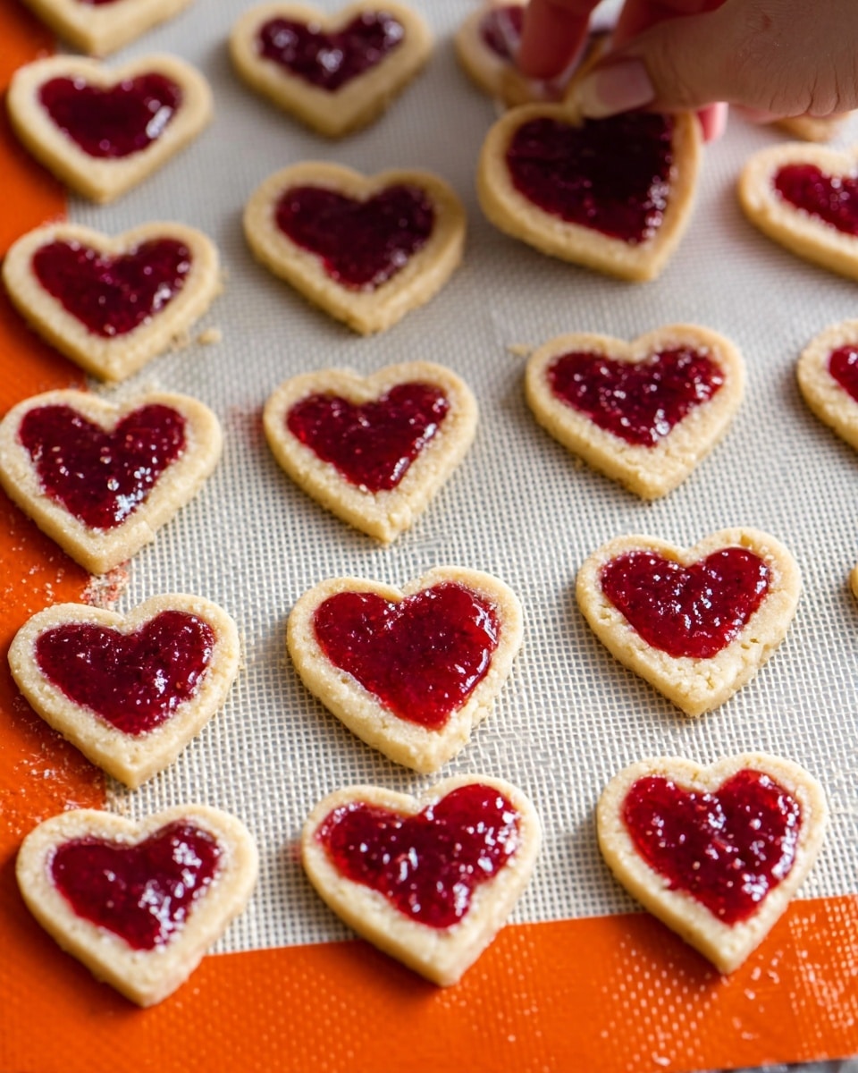 The image shows many heart-shaped cookies with two layers on a white marbled surface. The bottom layer is light golden brown and looks soft and smooth. The upper layer is a red jam spread with a slightly shiny and textured look, sitting only on the top of each heart shape, but not covering the edges. A woman's hand is seen above, placing or adjusting one of the cookies on a white textured baking mat with orange edges. The cookies are lined up neatly in rows. photo taken with an iphone --ar 4:5 --v 7