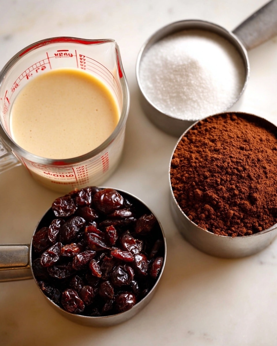 The image shows three close-up shots of ingredients used in baking. On the left, there is a clear Pyrex measuring cup filled with a light beige liquid next to a metal cup full of white granulated sugar, placed on a white marbled surface. On the top right, a metal measuring cup is filled with rich, dark brown cocoa powder, showing a soft, powdery texture. Below it on the right, another metal measuring cup contains shiny, dark red dried cranberries, with a slightly wrinkled texture, all against a white marbled surface. photo taken with an iphone --ar 4:5 --v 7