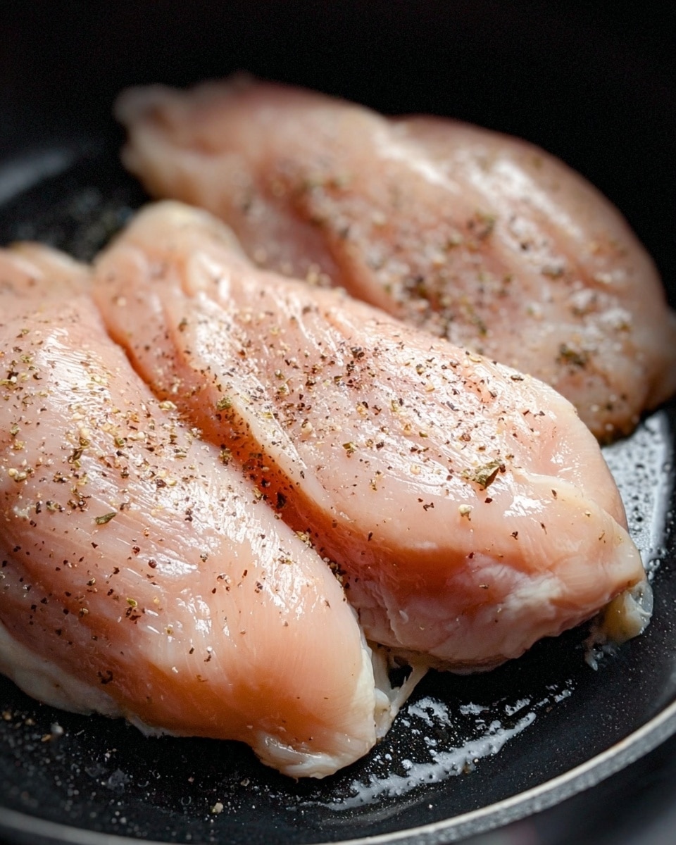 Three raw chicken pieces are placed close together in a black cooking pan. Each piece is pale pink with a smooth texture and lightly sprinkled with coarse black pepper and salt. The edges of the chicken are soft and slightly shiny from moisture. The pan has a shiny black surface that contrasts with the light color of the chicken. The background is not visible, focusing on the chicken and pan only. photo taken with an iphone --ar 4:5 --v 7