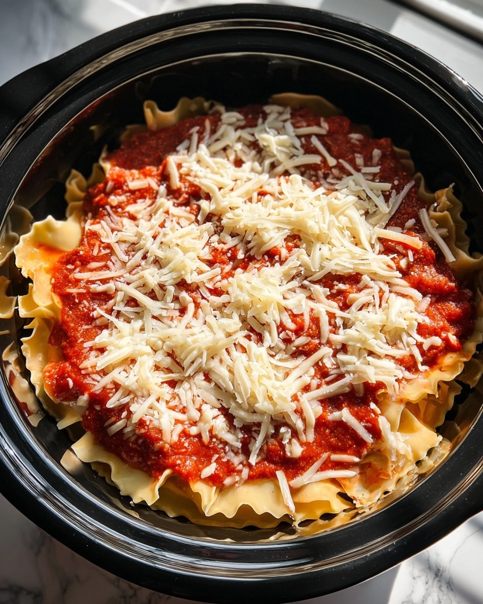 A close-up top view of a round black crockpot filled with layered lasagna. The first visible layer is uneven red tomato sauce covering the base and pasta edges with ruffled sides. The next layer consists of wide, flat pasta strips arranged to cover the sauce. The top layer is spread with thick white shredded cheese scattered unevenly over the pasta and sauce, creating a soft texture. The background shows a white marbled surface with sunlight casting soft shadows. Photo taken with an iphone --ar 4:5 --v 7