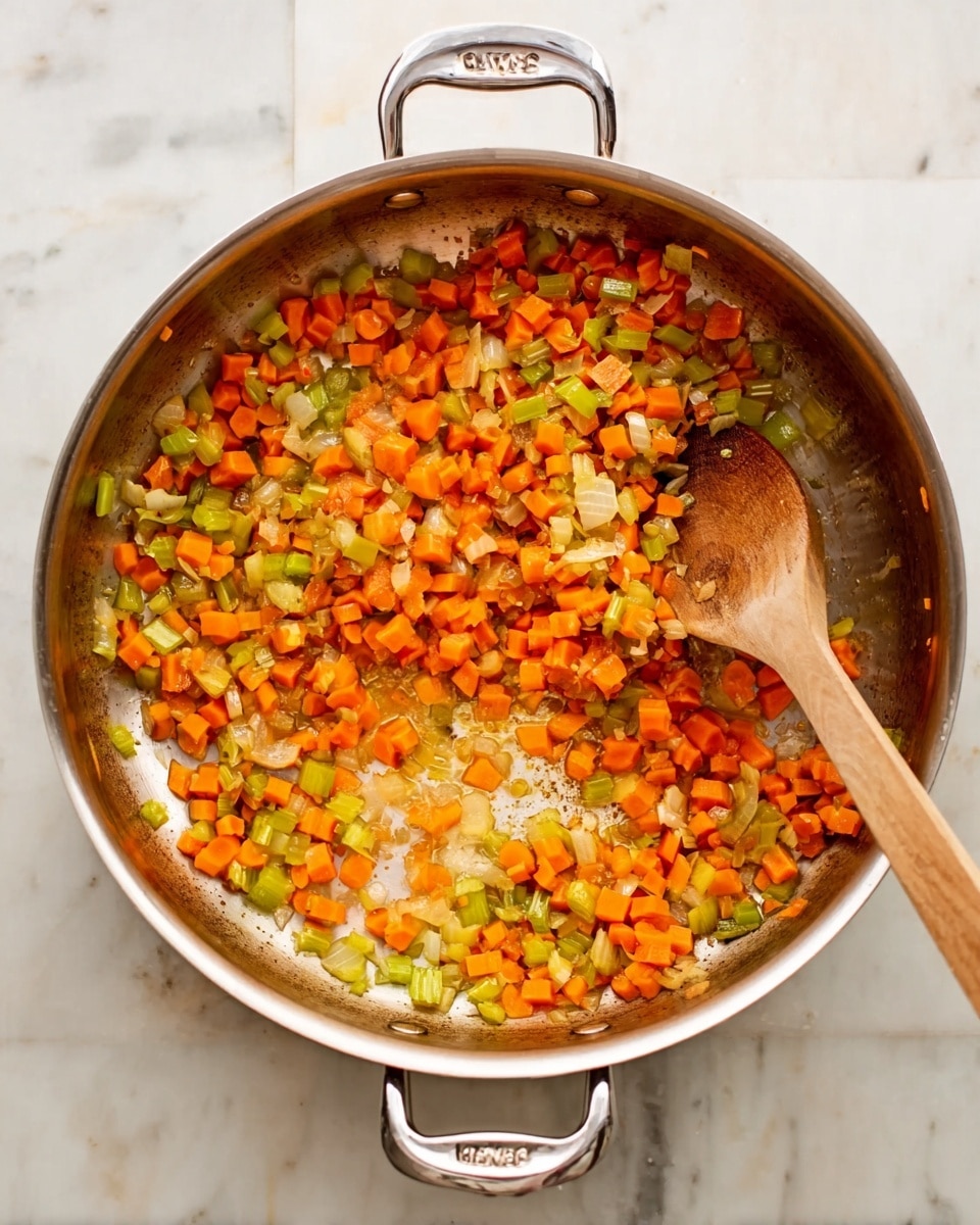 A top view of a shiny metal pan with two handles sitting on a white marbled surface, inside the pan there are small pieces of cooked orange carrots and green celery mixed with bits of onion, lightly browned and soft, with a wooden spoon resting inside the pan stirring the vegetables, the colors are warm with a mix of orange, green, and light yellow, the texture of the diced vegetables looks tender and slightly glossy, photo taken with an iphone --ar 4:5 --v 7