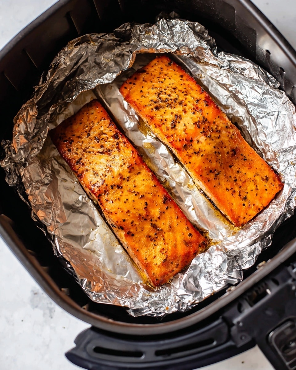 Two cooked salmon fillets with a rich orange color and black specks of pepper sit side by side on a single sheet of crinkled silver foil inside a black air fryer basket. Both fillets show a slight char on the edges, giving them a textured look, while some shiny oil droplets add a glossy touch on the surface. The air fryer basket holds the foil tightly, visible through its round shape and openings around its sides, all placed on a white marbled surface. photo taken with an iphone --ar 4:5 --v 7