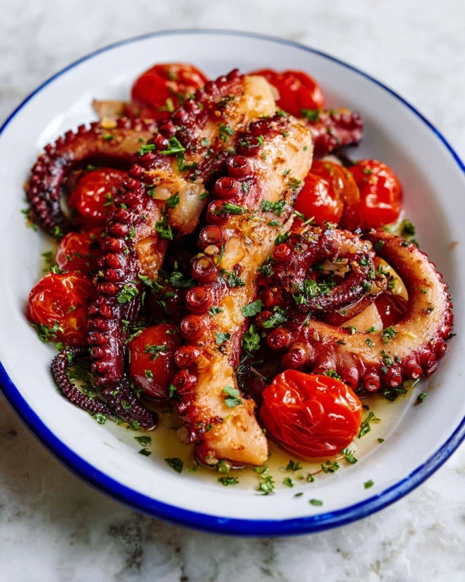 The dish shows a white bowl filled with a stew featuring several pieces of octopus tentacles that are dark reddish with a slight charred texture. Along with the tentacles are large, soft yellow potato chunks, all covered in a rich, deep orange-brown sauce. The sauce has a glossy, somewhat thick texture, with black pepper sprinkled on top. A silver fork rests inside the bowl, and torn pieces of white bread are placed near the bowl on a white marbled surface. photo taken with an iphone --ar 4:5 --v 7