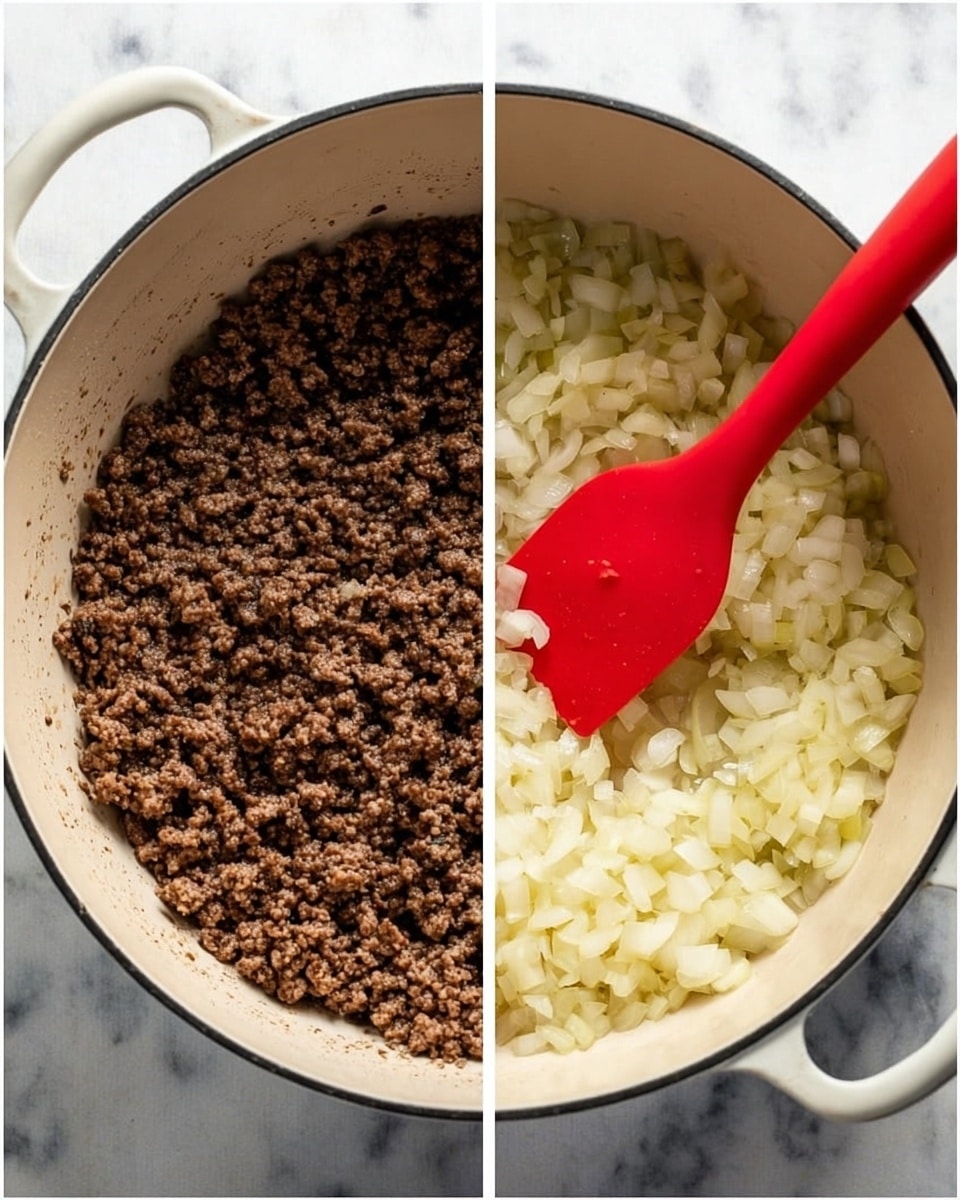 A round white pot with a light beige inside is shown with two different contents in two side-by-side images. The left side shows a layer of cooked ground meat that is finely broken up, dark brown, and covers the entire bottom of the pot. The right side shows a layer of diced onions that are translucent and cooked in oil, with a bright red spatula stirring them. Both pots rest on a white marbled surface. photo taken with an iphone --ar 4:5 --v 7