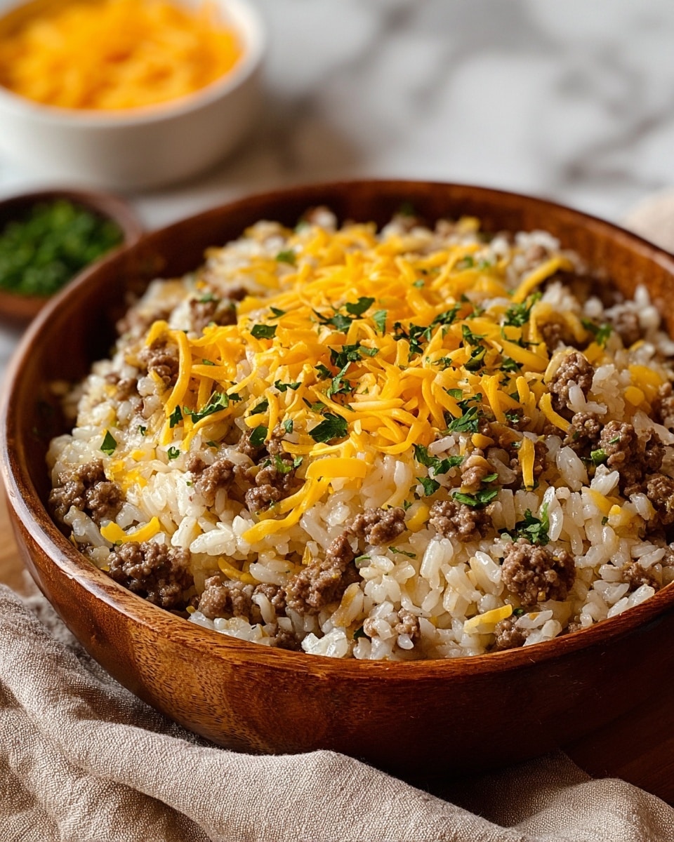 The image shows a white plate holding a creamy casserole dish with three clear layers: the bottom layer is a mix of cooked rice and small pieces of ground meat in a light brown color, the middle layer has slices of sautéed mushrooms integrated with the rice and meat, and the top layer is melted yellow cheese covering part of the dish with some golden brown spots. On the upper side of the plate, a small bundle of bright green cooked green beans lay in a neat row. A stainless steel fork rests on the right side inside the casserole, partially lifting a portion. The plate is set on a white marbled surface. Photo taken with an iphone --ar 4:5 --v 7