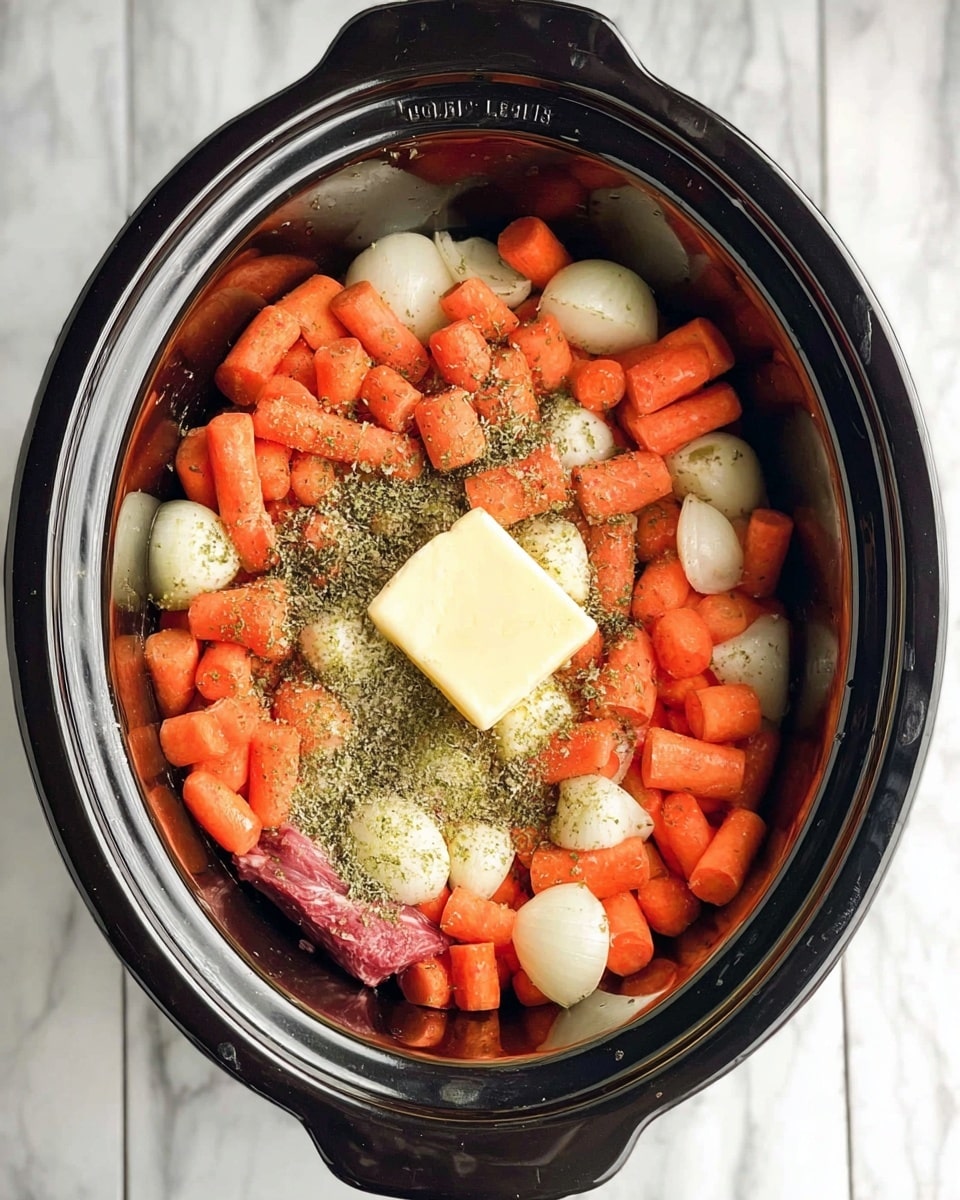 A black slow cooker filled with layers of raw ingredients is shown from above on a white marbled surface. The bottom layer appears to be a piece of raw red meat, partially covered by a large amount of small orange baby carrots scattered all over. White pearl onions are mixed in with the carrots. There are green herb seasonings sprinkled evenly over the vegetables and meat, with a square pat of light yellow butter placed in the center on top. The sides and rim of the slow cooker are smooth and shiny, and the inside is filled enough to nearly reach the rim. Photo taken with an iphone --ar 4:5 --v 7