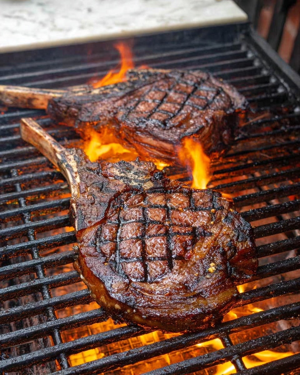 Two large, thick steaks with long bones are grilling on a black metal grill with bright orange flames coming up from below. The steaks have deep, dark brown grill marks in a checkered pattern, and their edges look charred and crispy. The meat surface is shiny and slightly rough, showing a mix of dark brown and black shades from the heat. The grill sits against a white marbled surface in the background. Photo taken with an iphone --ar 4:5 --v 7