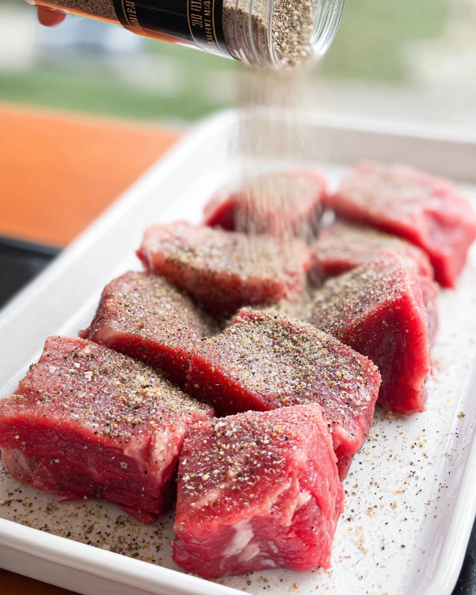 The image shows several thick raw red meat pieces cut into chunks, placed on a bright white tray. The meat is covered with a layer of black and white pepper seasoning sprinkled evenly across the surface. Above the tray, a woman's hand is sprinkling more pepper seasoning from a transparent container with a black lid. The background is softly blurred, with hints of green and brown tones, and the scene is set on a white marbled texture surface. photo taken with an iphone --ar 4:5 --v 7