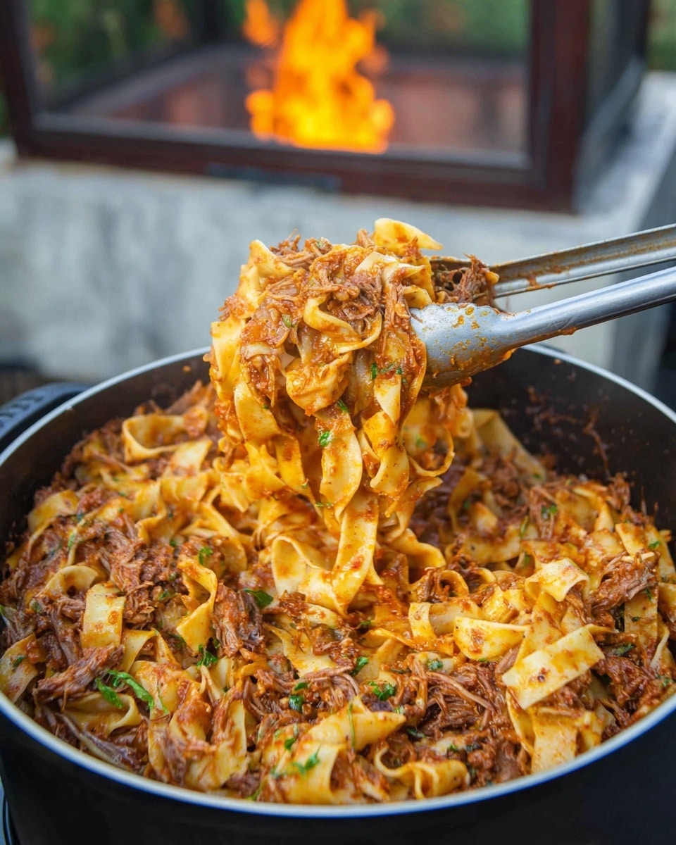 The image shows a large pot filled with wide, flat noodles mixed with shredded meat in a rich reddish-brown sauce. The noodles are uneven strips with a smooth texture, coated well in the thick sauce, and interspersed with small bits of green herbs. A metal tong holds a lifted portion of this mixture above the pot, showcasing layers of noodles and shredded meat tangled together, with the sauce clinging to them. The pot sits on a dark surface with a white marbled texture in the background, while a warm outdoor grill fire glows softly behind. photo taken with an iphone --ar 4:5 --v 7
