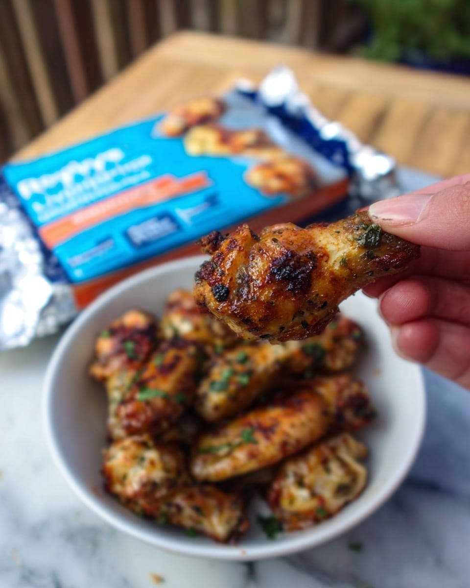A close-up view shows a woman's hand holding a grilled chicken wing piece with a crispy, golden-brown surface, speckled with bits of green herbs and charred spots. In the background, a white bowl filled with more golden-brown grilled chicken wings, garnished with green herbs, sits on a white marbled surface. Behind the bowl, a foil wrap box with blue and orange colors is slightly blurred. photo taken with an iphone --ar 4:5 --v 7