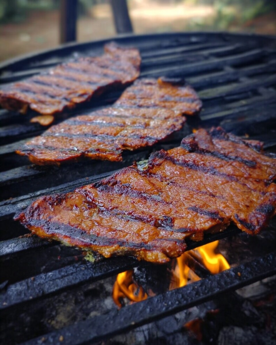 The image shows three pieces of grilled meat placed on a black metal grill over an open flame. Each piece is flat, with visible grill marks running horizontally across the reddish-brown cooked surfaces. The meat has a slightly charred texture around the edges, showing areas of darker browning. The background is blurry but suggests an outdoor setting. photo taken with an iphone --ar 4:5 --v 7