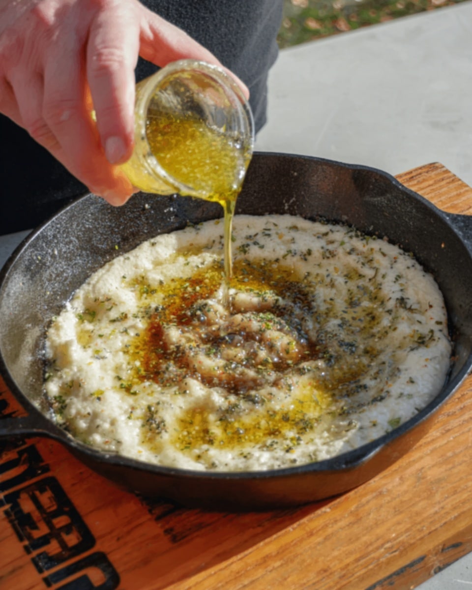 The image shows two steps of cooking shrimp outdoors on a white marbled surface. On the left, a woman's hand wearing a black glove is seasoning raw shrimp in a clear glass bowl; the shrimp is white with light seasoning visible on it. On the right, many shrimp are arranged closely in a curved line in a black skillet, cooking outside with some greenery and a white fence in the background. The skillet sits on a wooden board with text printed on it. Photo taken with an iphone --ar 4:5 --v 7
