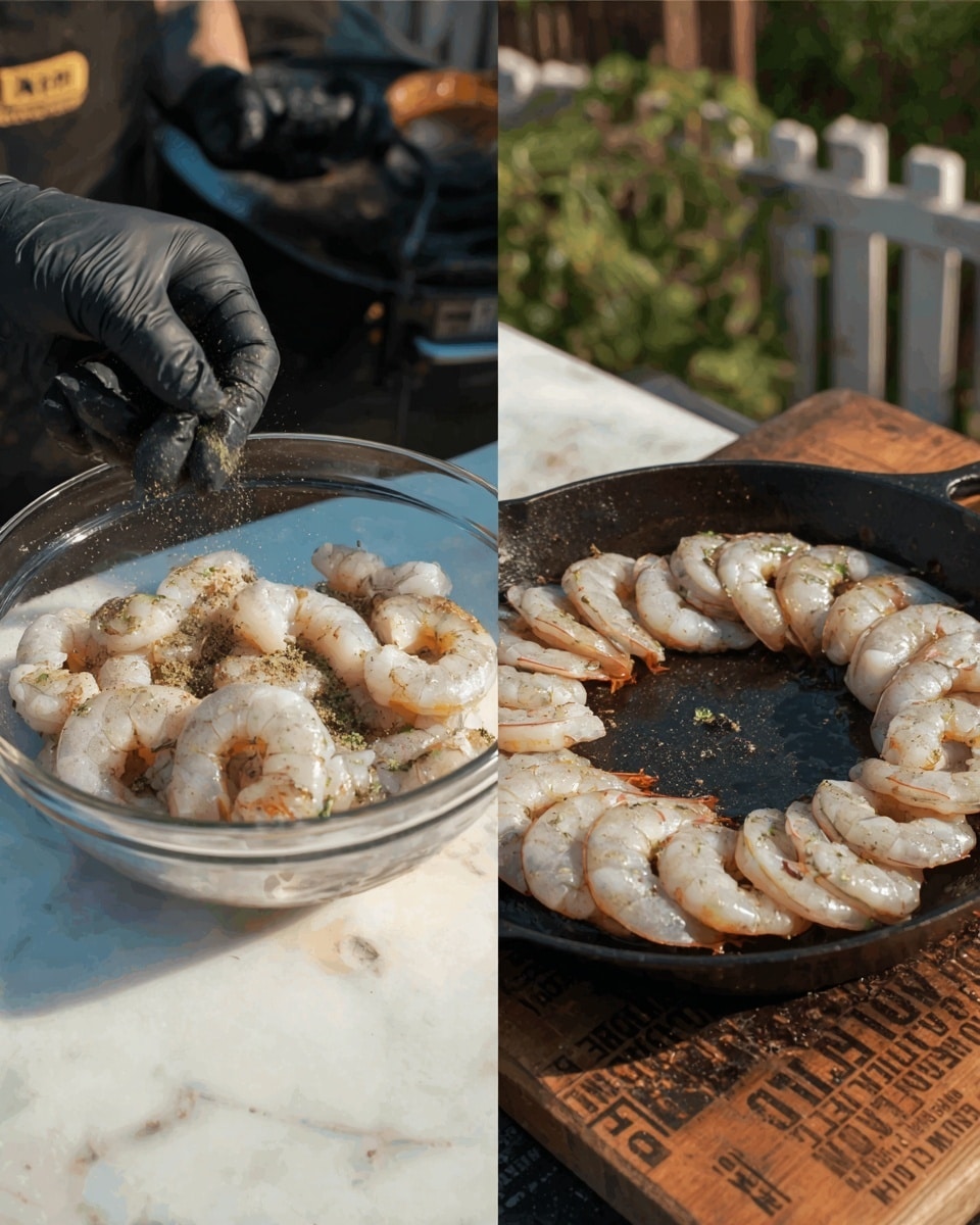 The image shows a woman’s hand pouring a yellowish sauce with herbs over a pan of thick white batter that has risen and formed soft bubbles on top. In the center of the batter there is a browned spot surrounded by creamy white texture. The pan is cast iron and sits on a wooden board with black and orange text. The background is a white marbled surface. Photo taken with an iphone --ar 4:5 --v 7