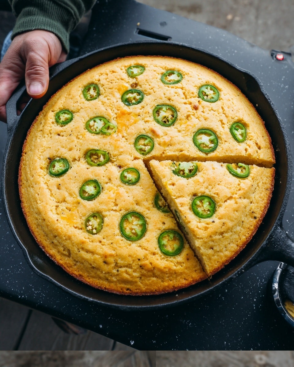 The image shows a round skillet with a thick, golden cornbread inside. The cornbread has small slices of green jalapeño evenly spread on top. The surface looks soft and slightly textured, with the edges evenly browned. A woman's hand is holding the skillet handle, and the skillet is placed on a dark outdoor table with a little bit of white marbled texture barely visible below. The lighting highlights the warm, fresh baked look of the cornbread. photo taken with an iphone --ar 4:5 --v 7